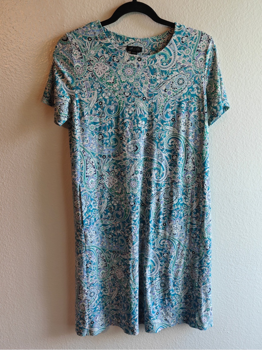 J.Jill Wearever Small Petite Paisley Shift Dress Teal Blue Short Sleeve Pockets